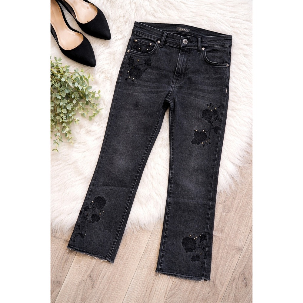 Zara Woman Black Floral Embroidered Raw Hem Cropped Flare Jeans Romantic Goth